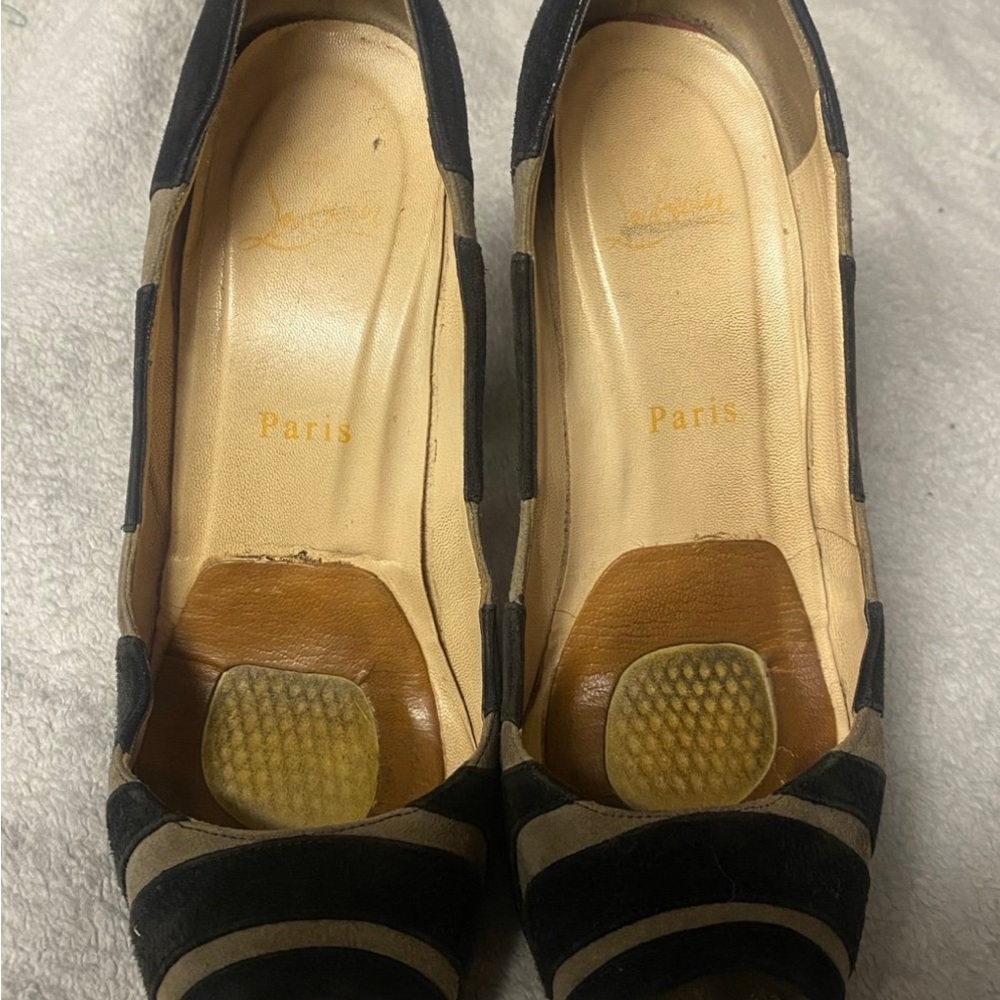 Christian Louboutin Striped Black and Tan Heels